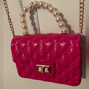 Deluxity LA Pink Jelly Purse Pearl Handle Gold Chain Strap NWT